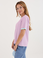 Fluo różowo-niebieski damski t-shirt w paski RUE PARIS