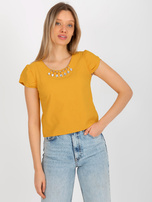 Hurt Ciemnożółta bluzka wizytowa z aplikacją i krótkim rękawem