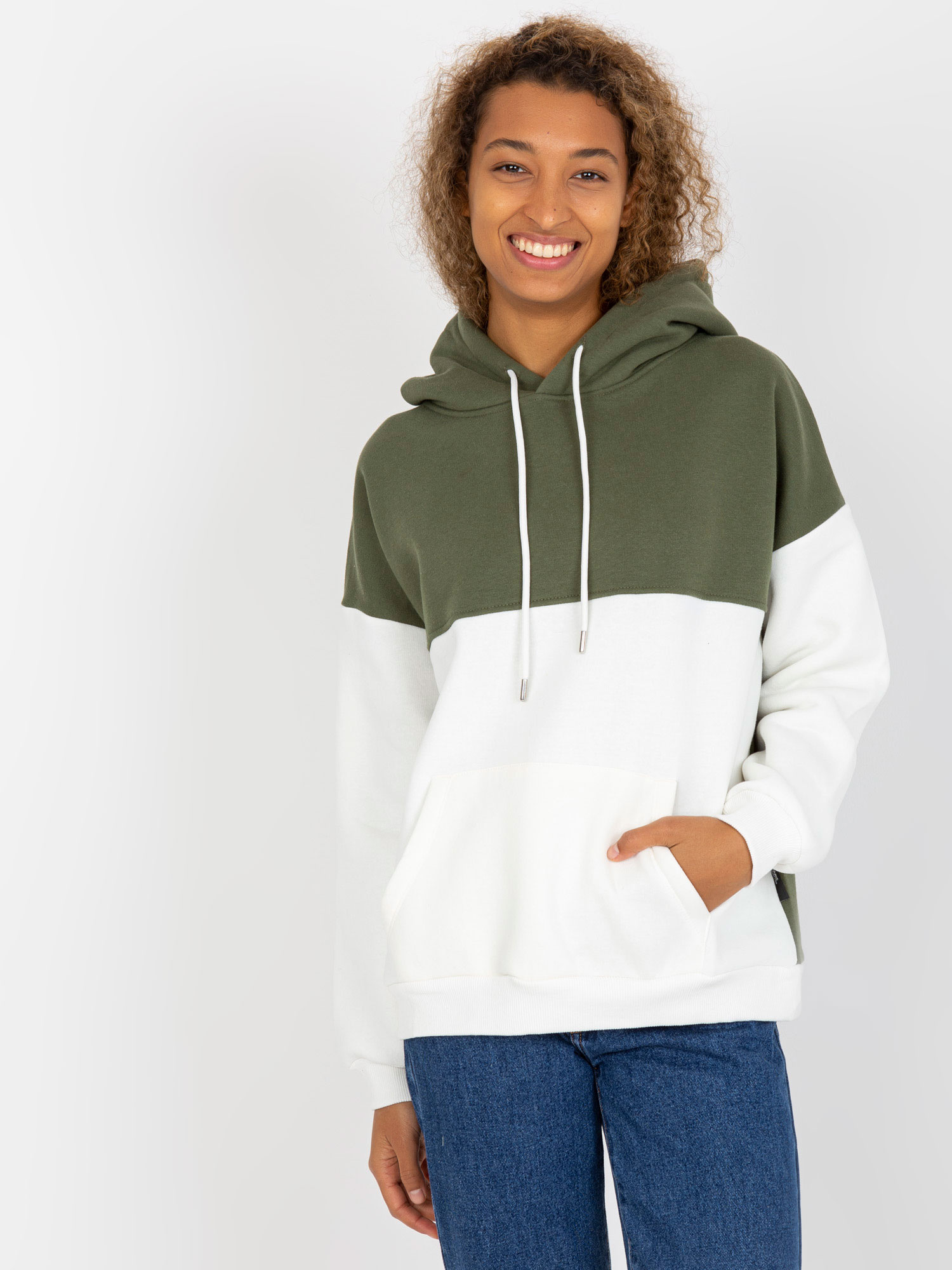 Khaki-ecru dresowa bluza basic kangurka RUE PARIS