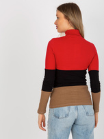 Hurt Czerwono-ciemnocamelowa bluzka basic z golfem w prążek