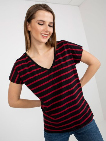 Hurt Czarno-czerwony damski t-shirt basic w paski z bawełny