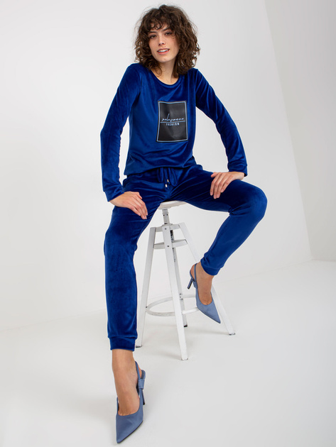 Hurt Kobaltowy damski komplet welurowy ze spodniami