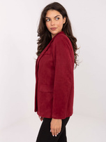 Burgundy suede blazer with button closure.