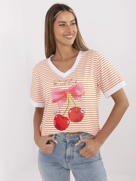 Pomarańczowo-biała letnia bluzka z dekoltem V