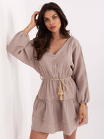Dark beige muslin dress with a frill.
