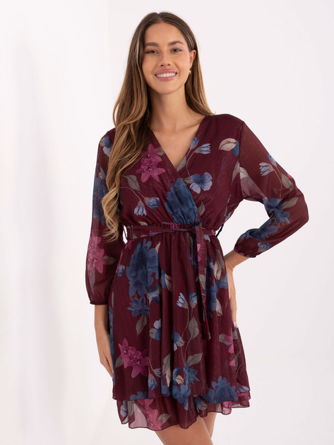 Bordowa rozkloszowana sukienka w kwiaty