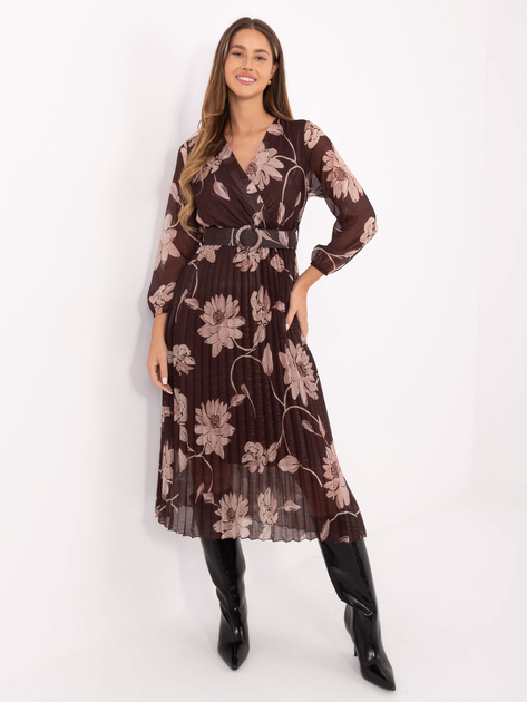 Brązowa midi sukienka z plisowaniem