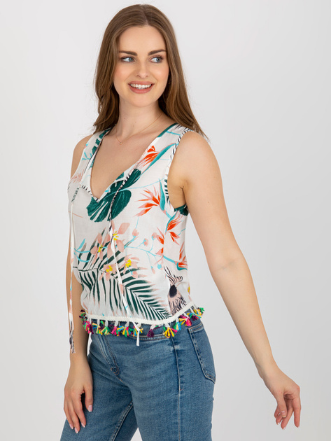 Hurt Biała letnia bluzka z nadrukiem i frędzlami