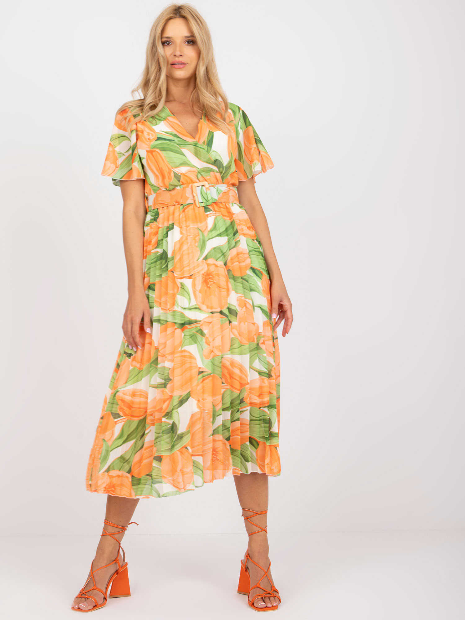 Orange-Green Pleated One Size Floral Dress