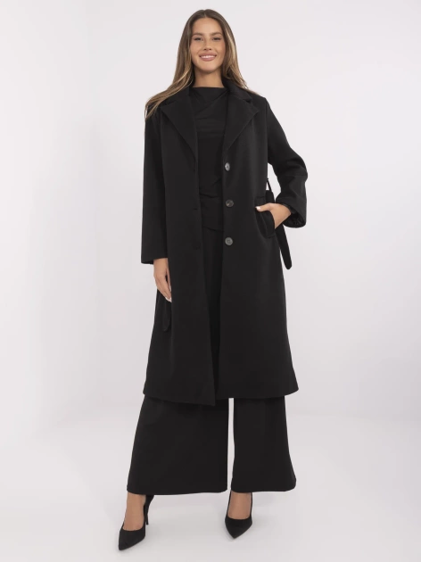 Czarny damski płaszcz z wiązanym paskiem