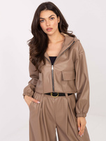 Ciemnobeżowa skórzana kurtka ze ściągaczami RUE PARIS