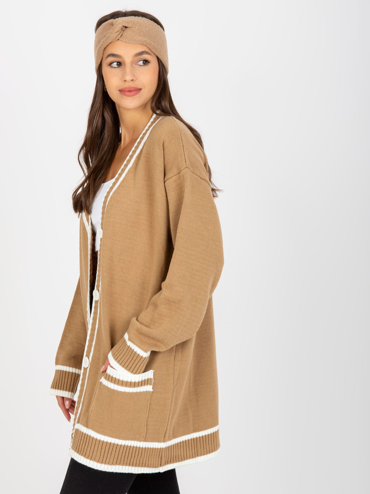 Wholesale Dark Beige Cardigan Sweater with Pockets RUE PARIS.