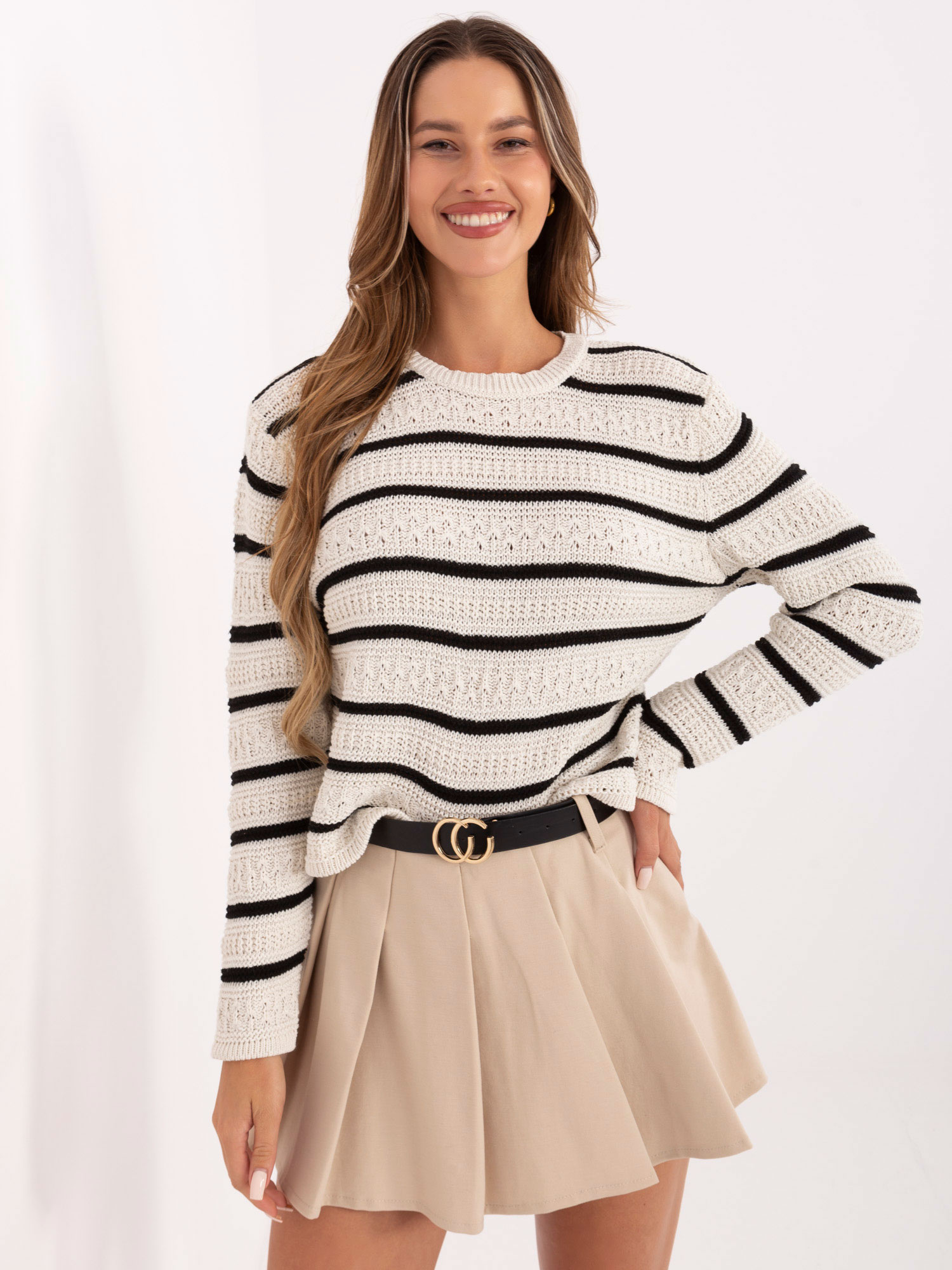 Ecru-black women's striped sweater RUE PARIS.