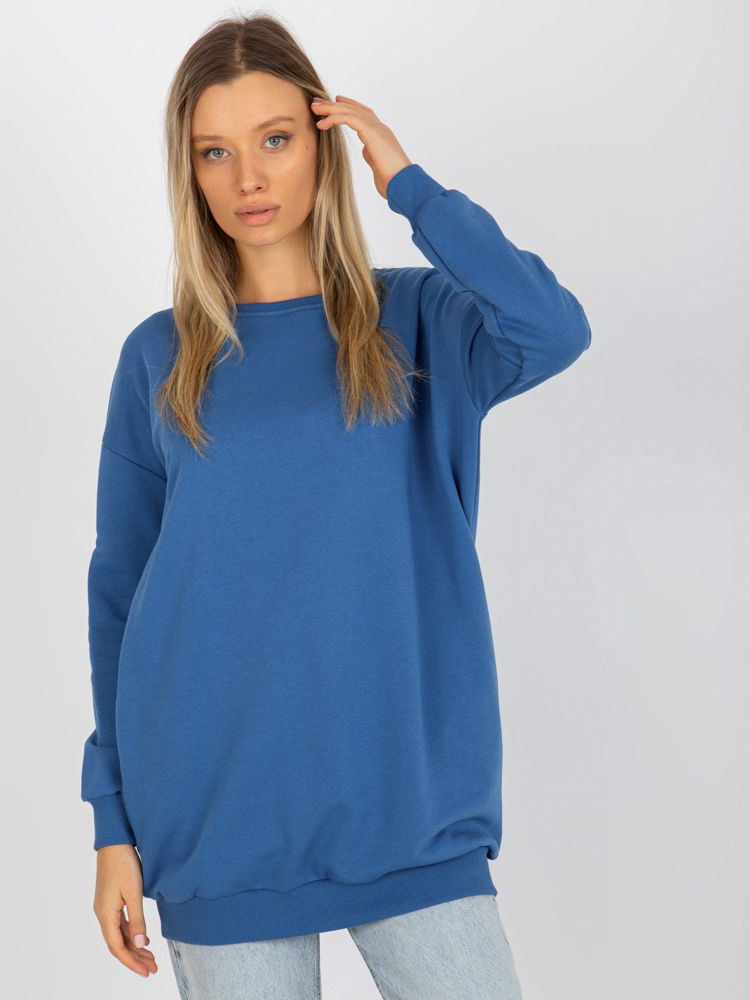 Ciemnoniebieska długa bluza basic z okrągłym dekoltem