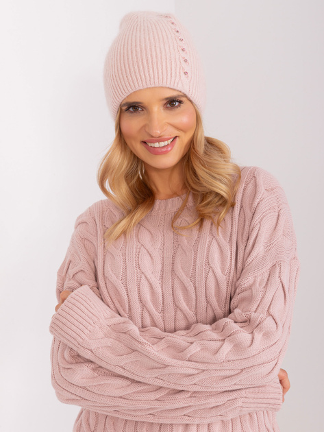 Hurt Brudnoróżowa czapka dzianinowa z cyrkoniami