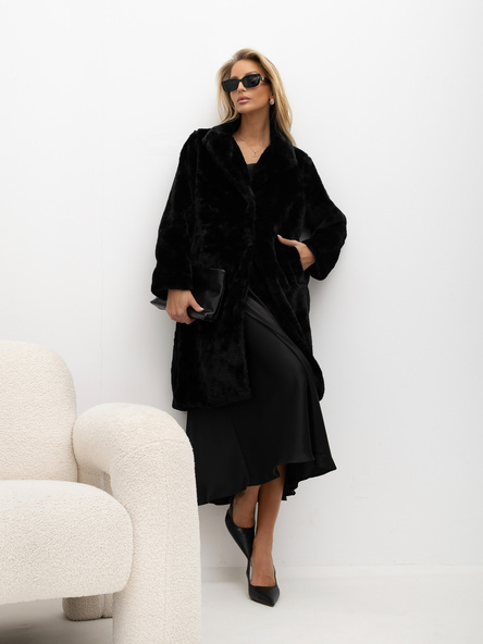 Black fur midi coat with pockets.