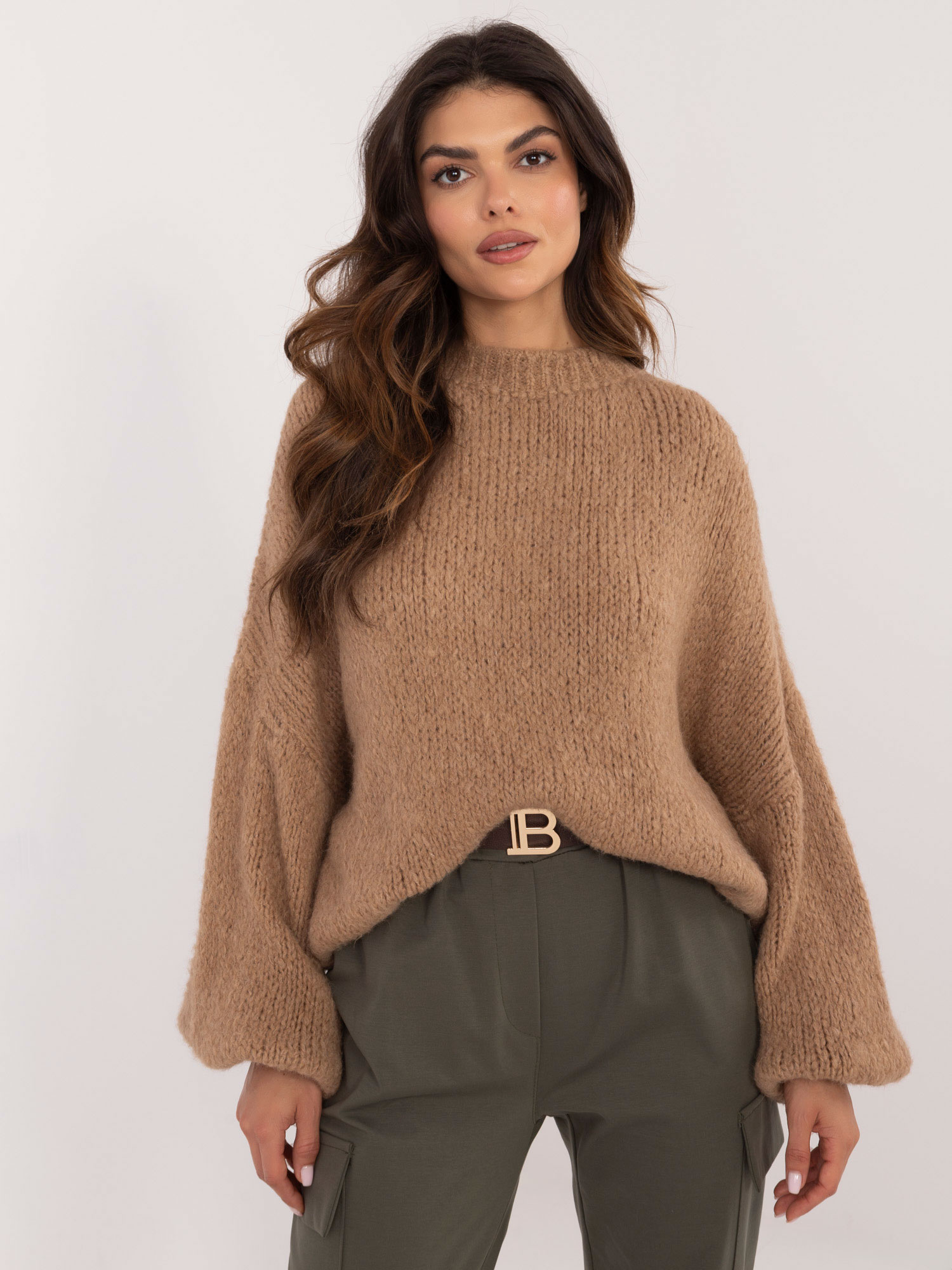 Hurt Camelowy damski dzianinowy sweter oversize OCH BELLA
