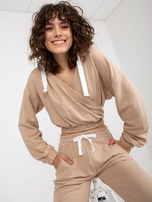 Hurt Beżowy dresowy komplet basic z kopertową bluzą 