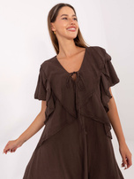 Dark brown boho dress with ruffles.
