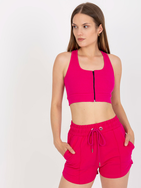 Fuksjowy prążkowany crop top basic z zapięciem RUE PARIS