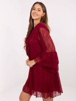 Burgundy flared dress with lace.