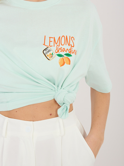 Miętowy damski t-shirt z letnim nadrukiem SUBLEVEL