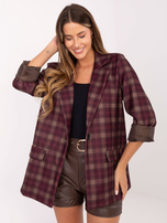 Bordowo-beżowa długa marynarka w kratę