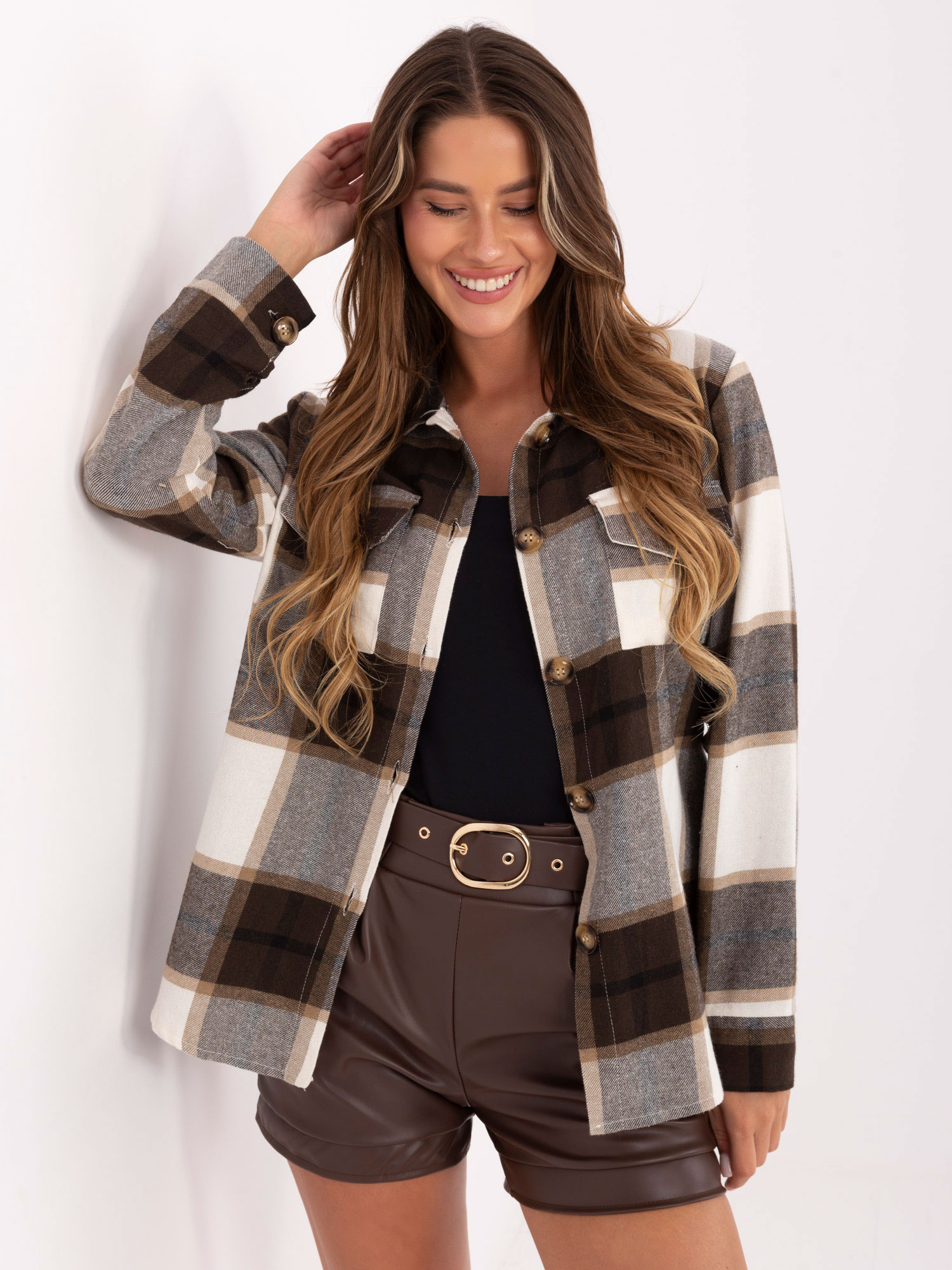 Ecru-brown checked shirt with collar RUE PARIS.