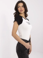 Ecru-czarny damski t-shirt z bawełny 