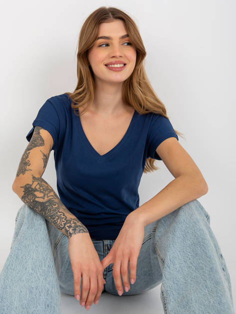 Hurt Granatowy klasyczny t-shirt basic z dekoltem w serek