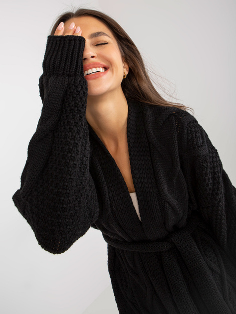 Hurt Czarny długi kardigan z paskiem wiązanym RUE PARIS