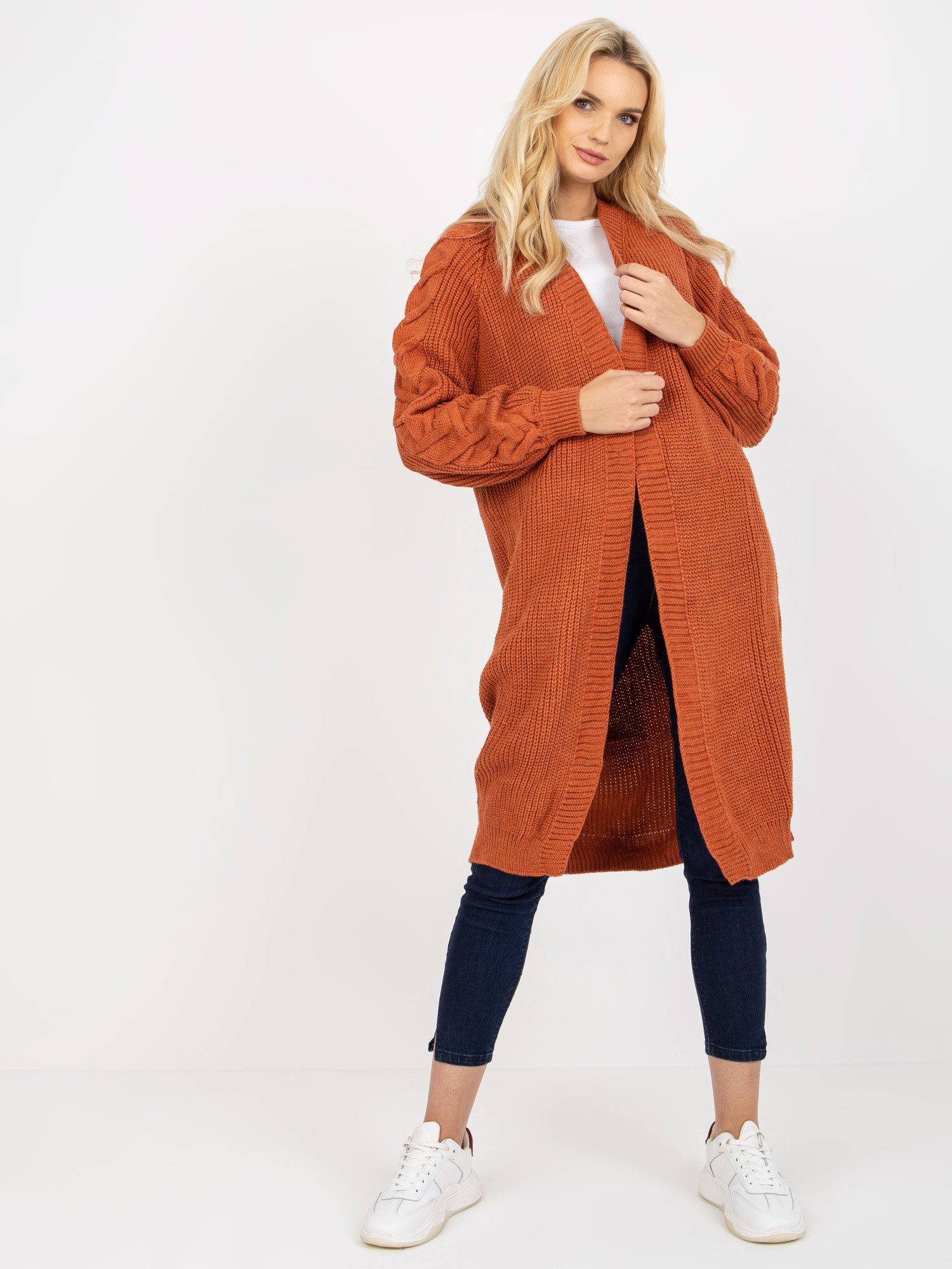 Dunkelorange langer Cardigan ohne Verschluss RUE PARIS.