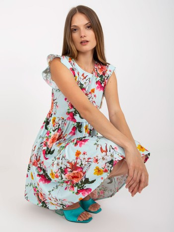 Hurt Jasnoniebieska sukienka w kwiaty z falbankami na rękawach