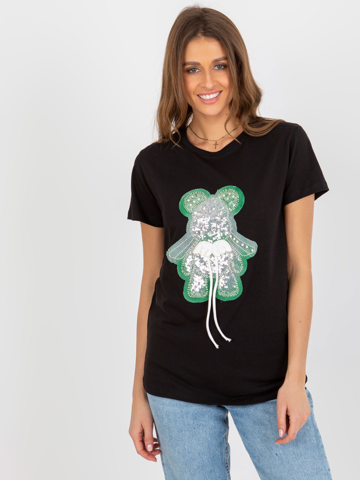 Hurt Czarno-zielony bawełniany damski t-shirt z aplikacją