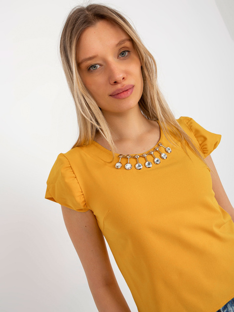 Hurt Ciemnożółta bluzka wizytowa z aplikacją i krótkim rękawem