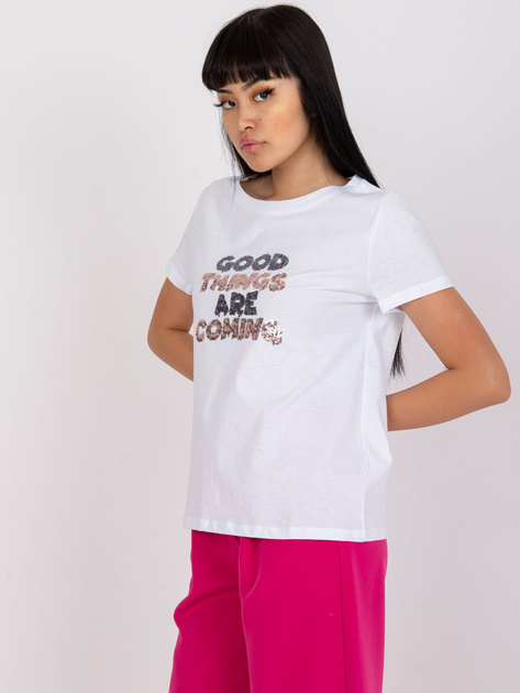 Biały t-shirt z aplikacją i napisami