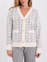 Ecru elegant cardigan in geometric pattern.