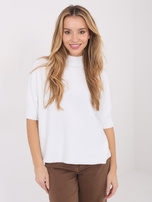 Ecru women's sweater with ribbed cuffs.