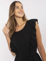 Black muslin jumpsuit with ruffles.