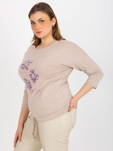 Hurt Beżowa bluzka plus size z aplikacją i nadrukiem