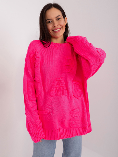Hurtownia Fluo różowy sweter oversize z okrągłym dekoltem