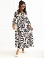 Black flared dress with a print.