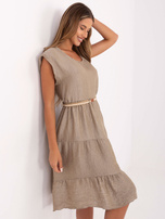 Ciemnobeżowa rozkloszowana sukienka z paskiem