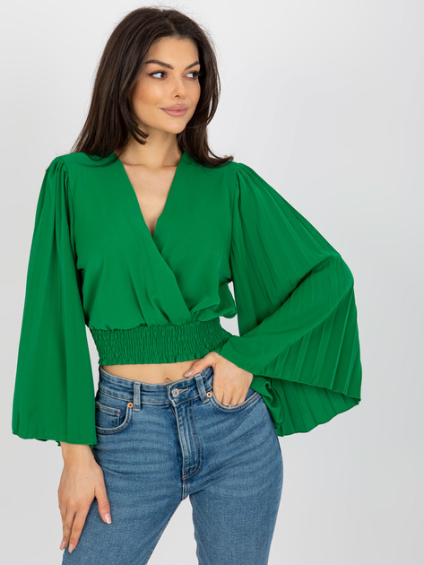 Hurt Zielona kopertowa bluzka wizytowa z szerokim rękawem