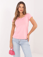 Jasnoróżowa damska bluzka basic z dekoltem V  RUE PARIS 