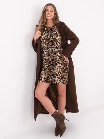 Camelowa damska sukienka z motywem zwierzęcym