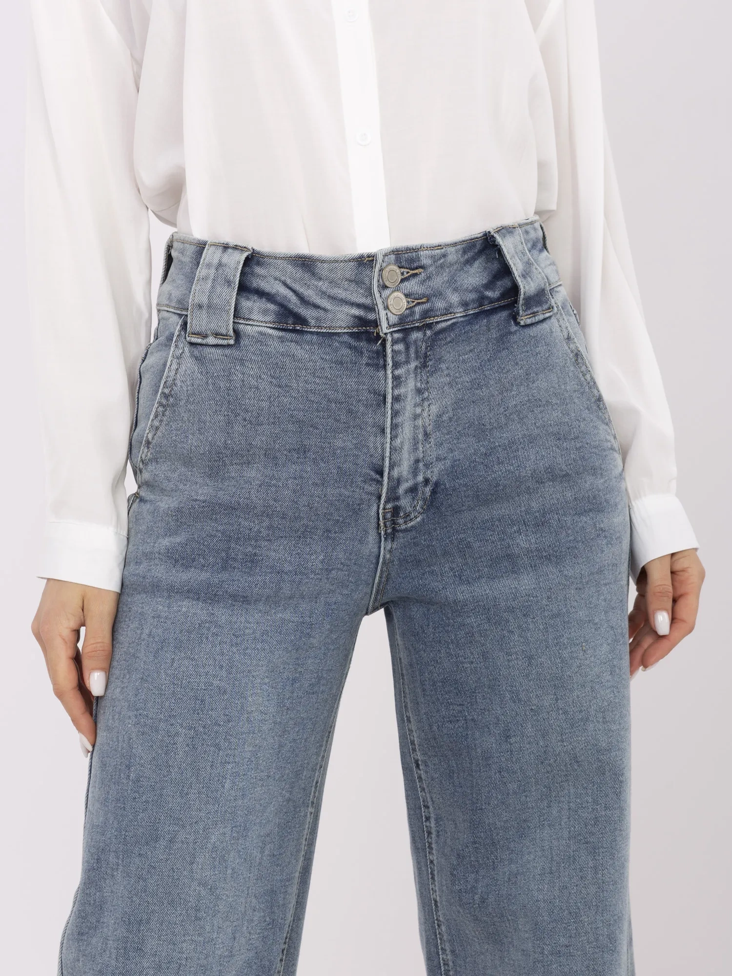 Blue long women's dad fit jeans.