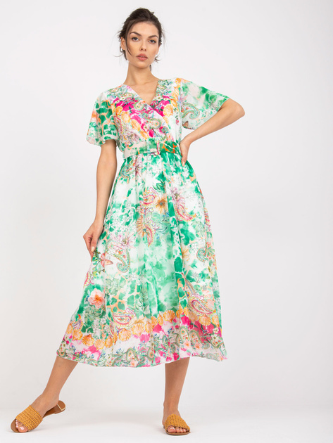 Zielona midi sukienka z printami i krótkim rękawem