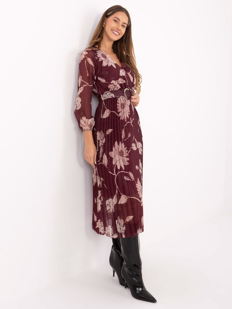Bordowa plisowana sukienka w kwiaty