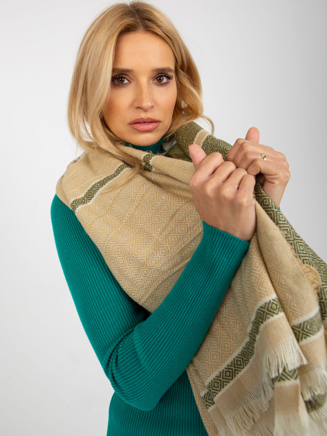 Hurtownia Beżowo-zielony damski szal we wzory